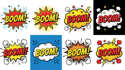 Comic Book Boom Speech Bubble Text Effect Vector Icon Set Featuring Halftone Pop Art Explosions Cloud Bursts Lightning and Retro Comic Sound Effects for Graphic Designs © MstAlif