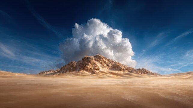 A stunning mountainous landscape under a vibrant sky, where towering clouds provide a dramatic contrast, evoking feelings of awe and the beauty of nature's vastness.