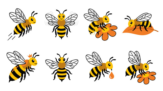 Cartoon bees in various actions. Including flying. Buzzing. Pollinating flowers. Crawling on a leaf. Dripping honey. And a queen bee with a crown