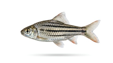 Obraz premium A single silver striped barb fish isolated on white background.