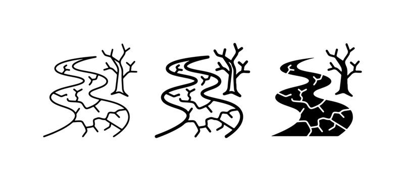Drought River Icons, Dry Cracked Earth, Barren Tree, Environmental Crisis Symbols