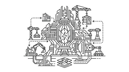 Obraz premium Futuristic energy core and industrial factory schematic illustration.