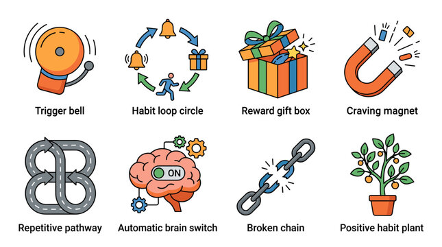 Habit loop psychology concept set illustrating triggers, cravings, routine, rewards, and the process of forming or breaking behavioral patterns and automatic responses in the brain