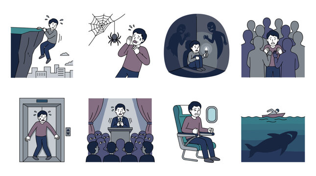Man experiencing various phobias and anxieties. Facing fears like heights. Spiders. Darkness. Crowds. Confined spaces. Public speaking. Flying. And deep water