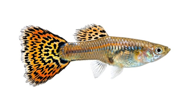 A vibrant male guppy fish with a leopard print tail isolated on white background.
