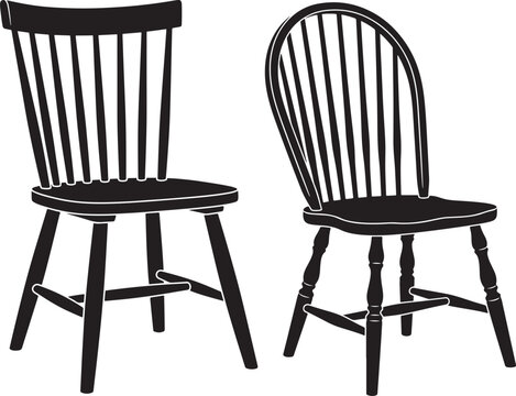 Pair of vintage wooden spindle back kitchen chairs in black silhouette style for interior design concepts with furniture, silhouette