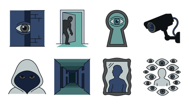 Set of icons symbolizing themes of surveillance, privacy, observation, and security risks, featuring elements such as cctv cameras, peering eyes, intruders, and anonymous figures