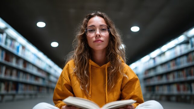 A young woman focused on reading a book in a library, embodying curiosity and knowledge in a tranquil and inspiring environment filled with books.