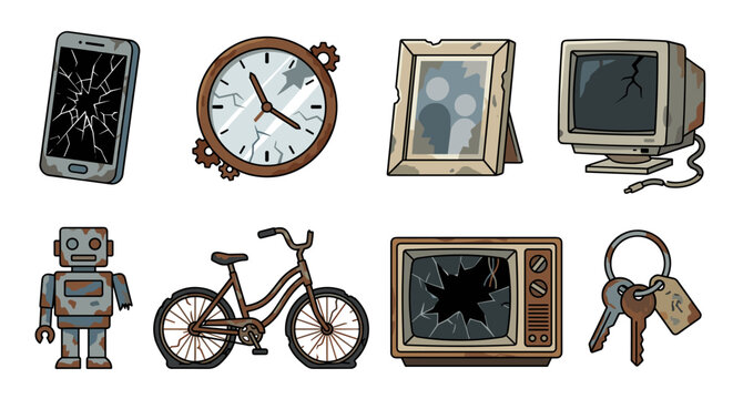 Abandoned items like a smashed smartphone. Broken clock. Old computer. Rusty bicycle. And damaged television illustrating concepts of abandonment. Dilapidation
