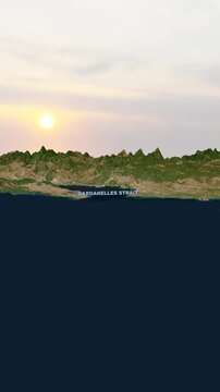 Dardanelles Strait 3D Terrain Topography Map Animation 4K Vertical