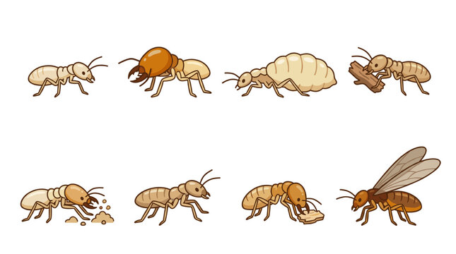 Termite life cycle depicting different castes including worker, soldier, queen, and alate, illustrating colony roles, subterranean life, and wood damage pest species