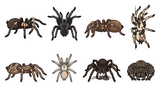 Tarantulas and spiders set illustrating different species and poses, showcasing a diverse collection of hairy arachnids for educational purposes and wildlife themes