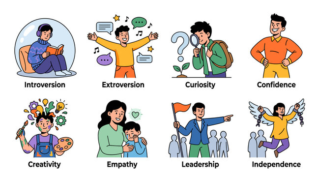 Illustrating various human personality traits and characteristics including introversion, extroversion, curiosity, confidence, creativity, empathy, leadership, and independence concepts