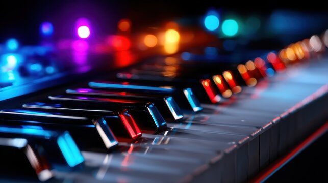 An artistic close-up of piano keys, featuring vibrant colors and a blurred background that emphasizes the beauty and elegance of music, evoking creativity and inspiration.