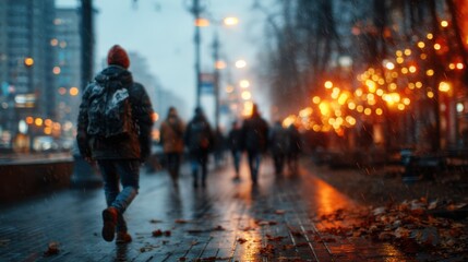 Fototapeta premium A person strolls through a rainy city street, illuminated by streetlights, embodying feelings of nostalgia, solitude, and the beauty of urban life in wet weather.