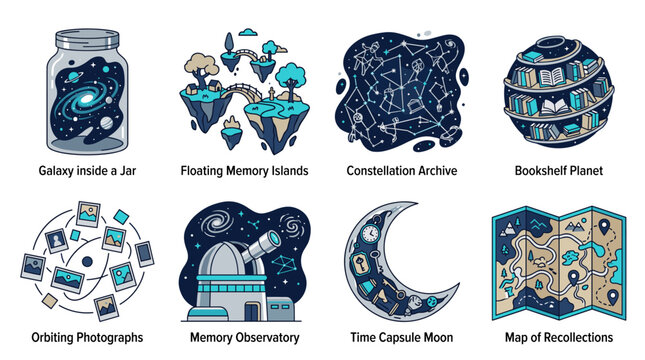 Visualizing memory and knowledge preservation through abstract illustrations including galaxies in jars, floating islands, cosmic observatories, and maps of recollections