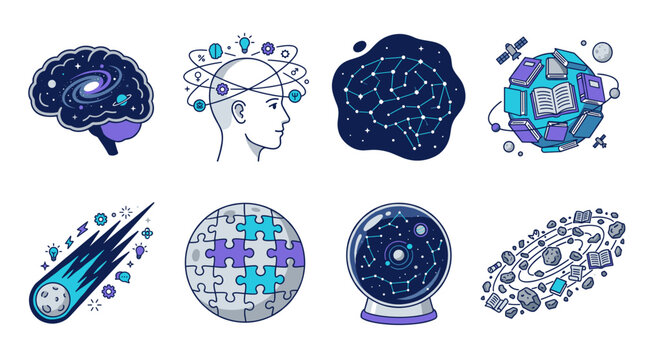 Understanding cosmos and human cognition, exploring scientific knowledge, mental processes, space discovery, and the intricate connections within the universe