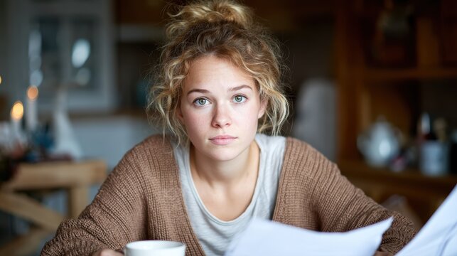 A young woman sits pensively at a table, surrounded by papers and a cup of coffee, reflecting determination and deep thoughts amid a cozy domestic atmosphere.
