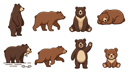 Fototapeta premium Brown bear and cub cartoon character vector set displaying various poses and activities: standing. Walking. Sitting. Sleeping. Waving. Fishing