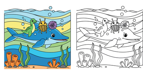 Obraz premium Cute Cartoon Dolphin Carrying Prehistoric Sea Creatures - Plesiosaur and Trilobite