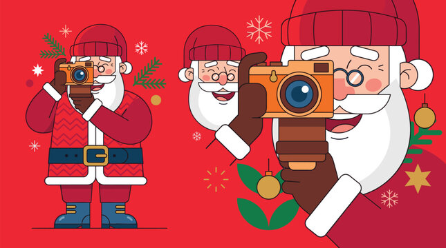 Santa Claus capturing festive moments with a vintage camera during winter celebrations