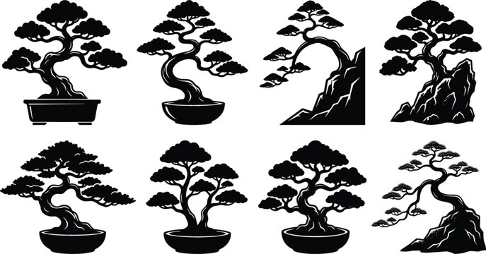Bonsai Tree Silhouette Vector Icon Set Featuring Japanese Miniature Potted Plants and Cliff Rock Landscape Elements for Asian Graphic Designs