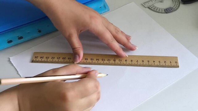 Woman creating a technical drawing on paper using pencil and ruler, architectural design and planning concept, close up view of creative process at desk.