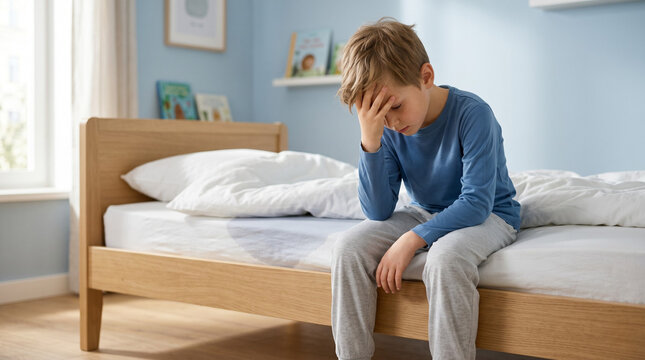 young boy experiencing childhood bedwetting representing emotional wellbeing and family support concept