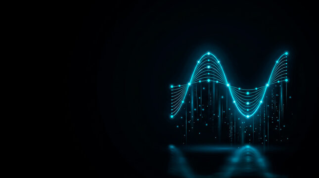 Digital illustration of glowing blue sine waves representing data analytics, technology, and futuristic interface on a dark background.