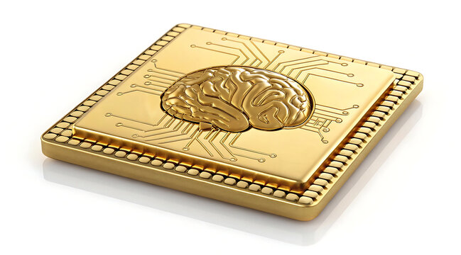 Gold neural processing core with brain emblem and circuit traces metallic chip conveying advanced artificial intelligence concept and luxury tech