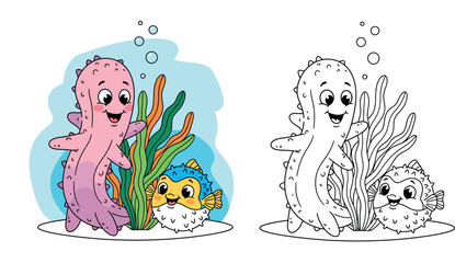 Happy Cartoon Sea Cucumber and Puffer Fish in Colorful Underwater Scene © MstSangita