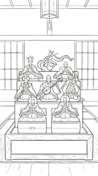 Coloring page of a Japanese festive display with figures in kimonos, samurai, and musician on tiered platform