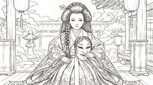 Japanese festive display coloring page with kimonos, samurai, and musician on tiered platform