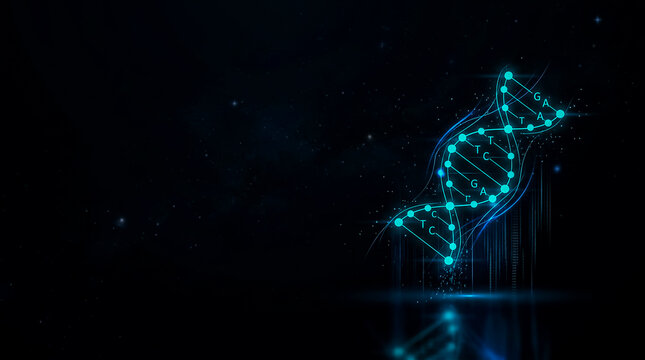 Illuminated DNA strand with glowing base pairs set against a deep space backdrop with twinkling stars and cosmic particles.