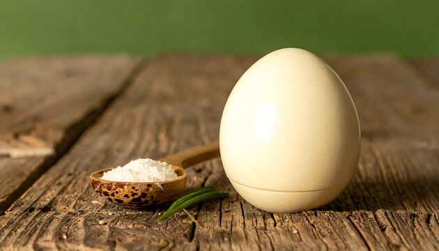Single white egg on wooden surface with straw.