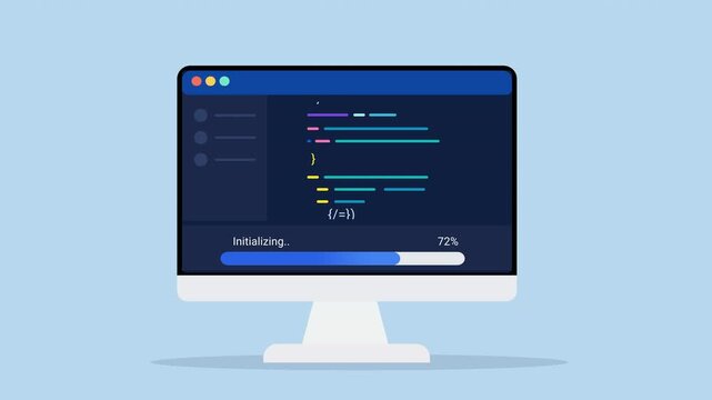 Animated flat vector illustration of a desktop monitor displaying source code, installation progress, and software setup workflow. Modern programming and software deployment concept.
