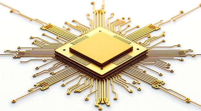 Golden microprocessor on circuit board with radiating traces conveying advanced neural processing core and futuristic elegance