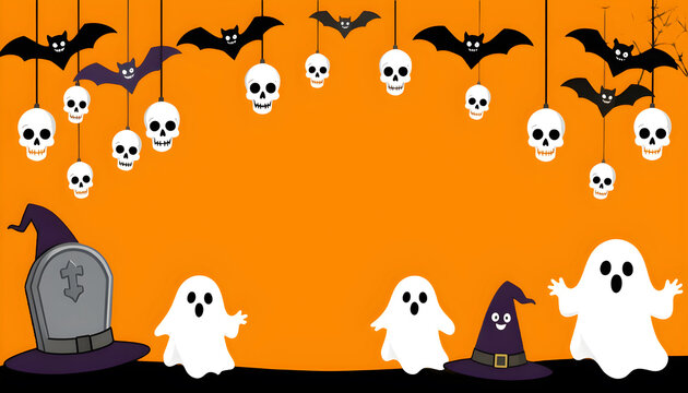 Halloween frame template featuring cute cartoon ghosts, skulls, and bats on orange background