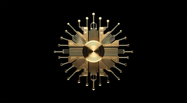 Golden quantum processor centerpiece with radial circuit traces and polished metal hub conveying futuristic luxury and precision