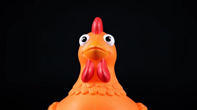Funny Rubber Chicken Toy Close-up of Orange Squeaky Chicken on Black Background Ideal for Comedy and Humorous Content.
