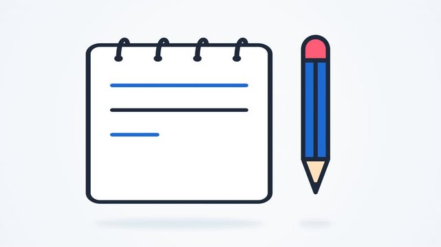 Flat animation of a blank notepad and blue pencil 4k