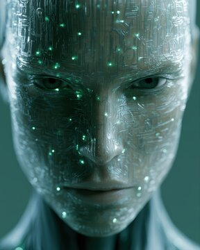 AI android portrait with glowing circuitry, cyberpunk atmosphere, ultra detailed robotic texture