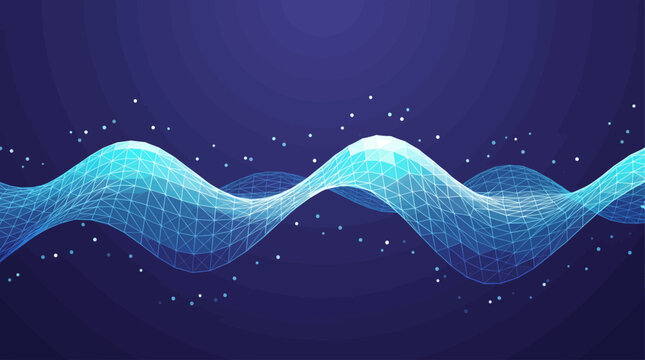 A glowing blue network wave form flows through a dark space with particles
