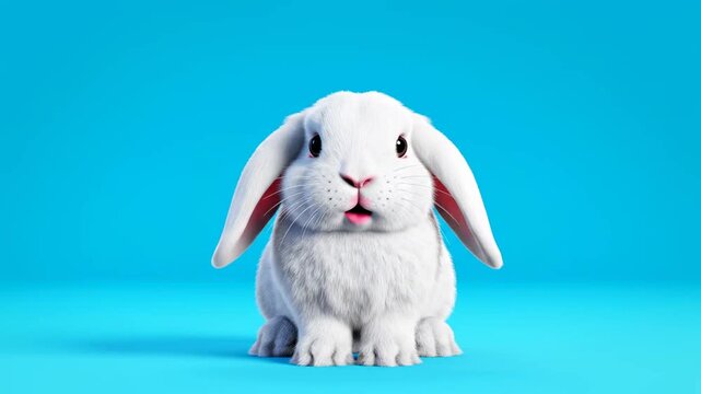 Adorable White Bunny Sitting with Eyes Closed on Vibrant Blue Background, Ideal for Easter Promotions or Pet-Themed Content.