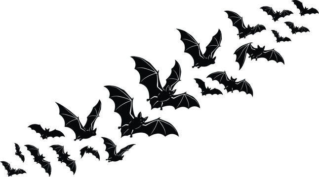 Swarm of flying black bat silhouettes vector illustration isolated on white background for Halloween design