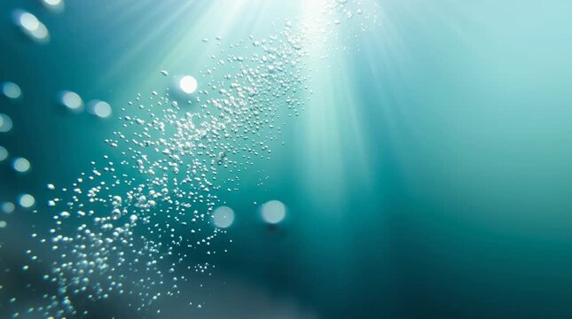 Underwater exhalation bubbles rise through teal seawater as sunbeams enter from above. Aeration plume ascends toward the surface. Oxygen microbubbles stream upward in the ocean