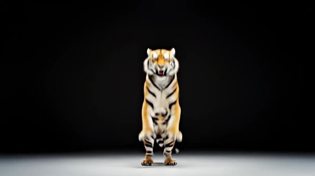 Majestic Tiger Pouncing in Studio, Bengal Tiger Jumping on Black Background, Ideal for Wildlife Documentaries.