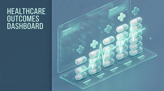 Healthcare outcomes dashboard with copy space on a glass‑style UI shows capsule columns and an ECG line. Teal clinical analytics interface with animated pill bars and vital signs.