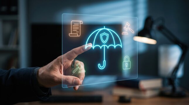 Liability Insurance Protection, Corporate Risk Management, and Legal Defense Compliance Concept: Floating Neon Cyan Holographic Umbrella Icon Flanked by Court Gavels, Legal Paperwork, and Safety Locks