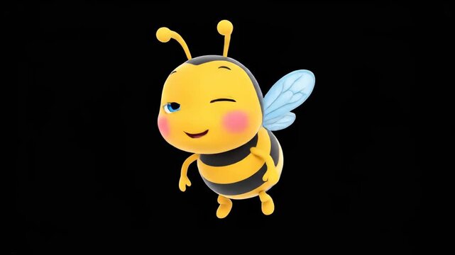 Cute 3D Bee Character Flying with Happy Expression on Black Background, Ideal for Kids' Content.
